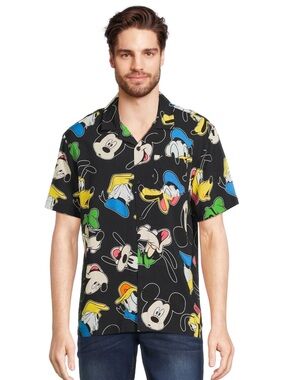 Disney Black Short-Sleeve Button-Down Shirt with Colorful Character Prints